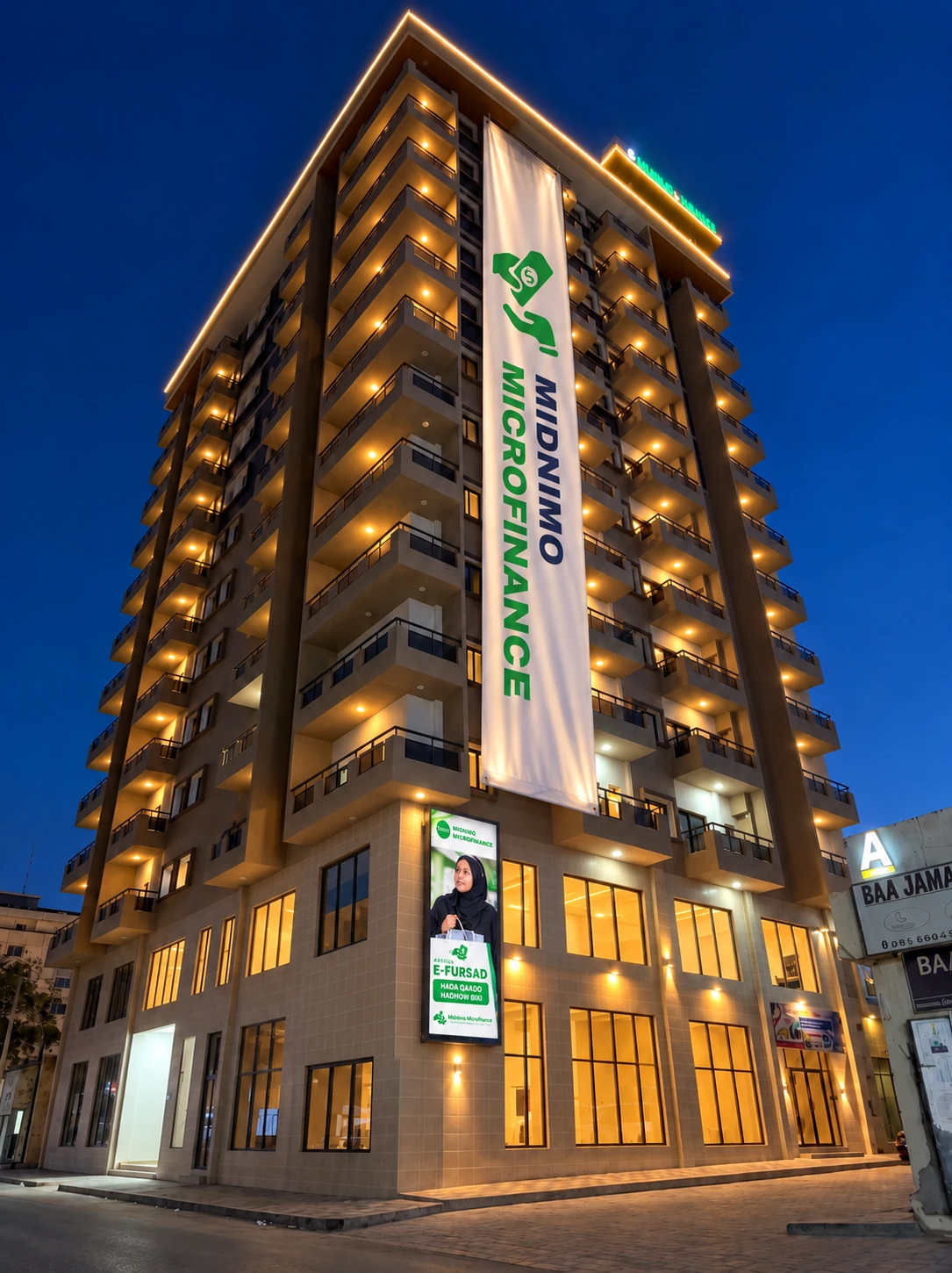 Evening branding concept for the Midnimo Microfinance Mogadishu office at Orfane Tower