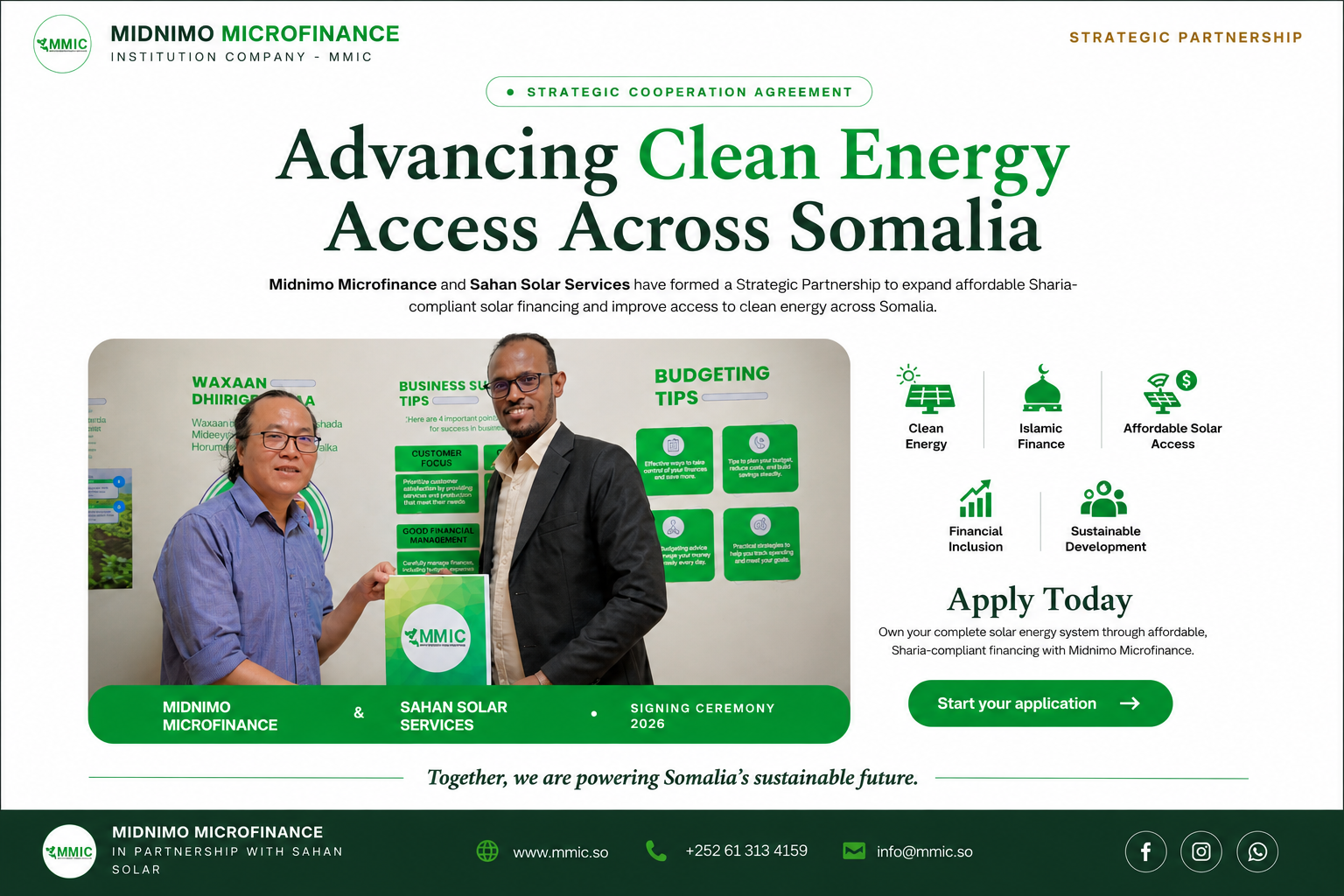 Midnimo Microfinance and Sahan Solar Services Sign Strategic Cooperation Agreement